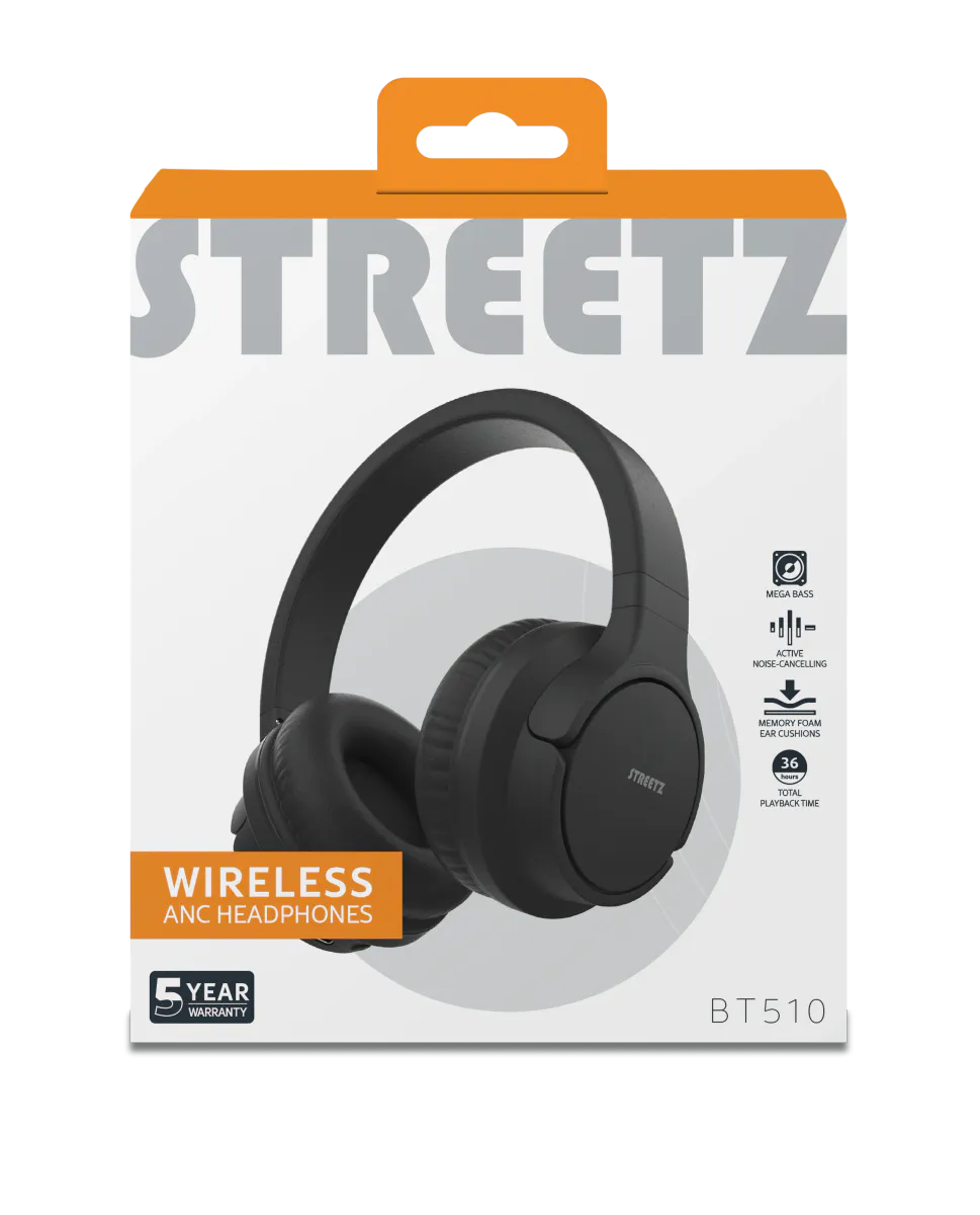 Streetz BT510 Black Active Noise Cancelling Bluetooth Headphones