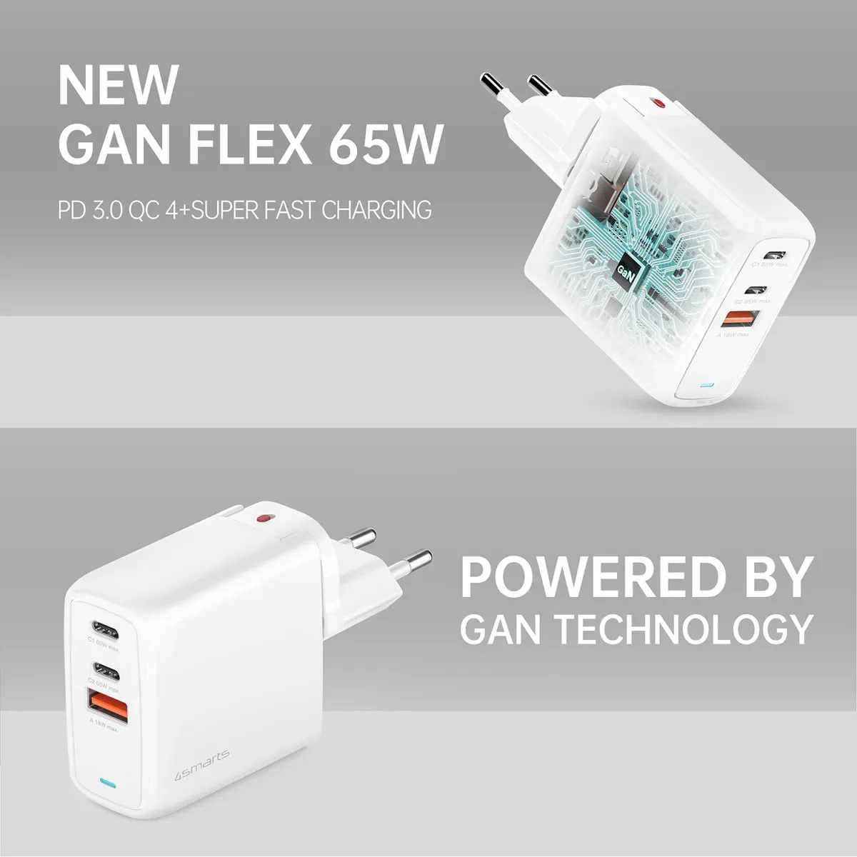 Lader 65 watt - 4smarts Charger GaN Flex 65W 2 USB-C+1 USB-A