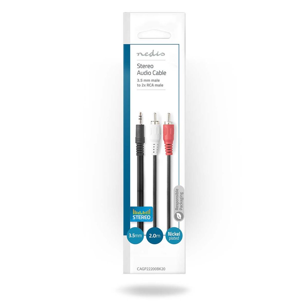 Stereo Lydkabel - 3,5mm Jack til 2x RCA Han 2 meter Nikkelbelagt
