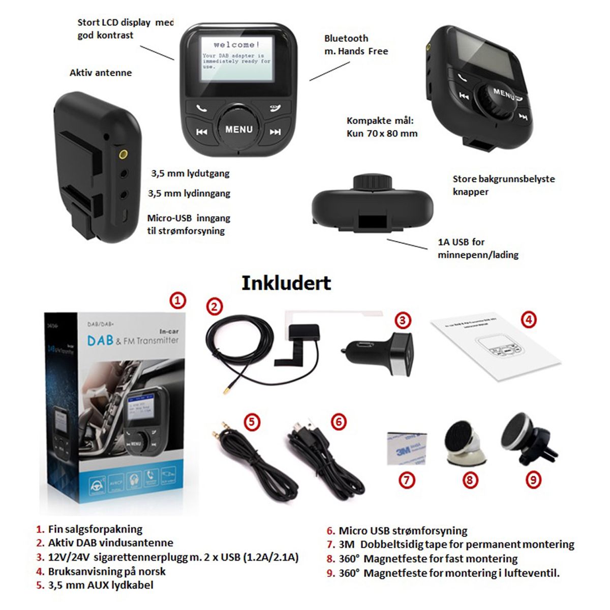 DAB+ Adapter med Bluetooth, Aux og Handsfree kobling