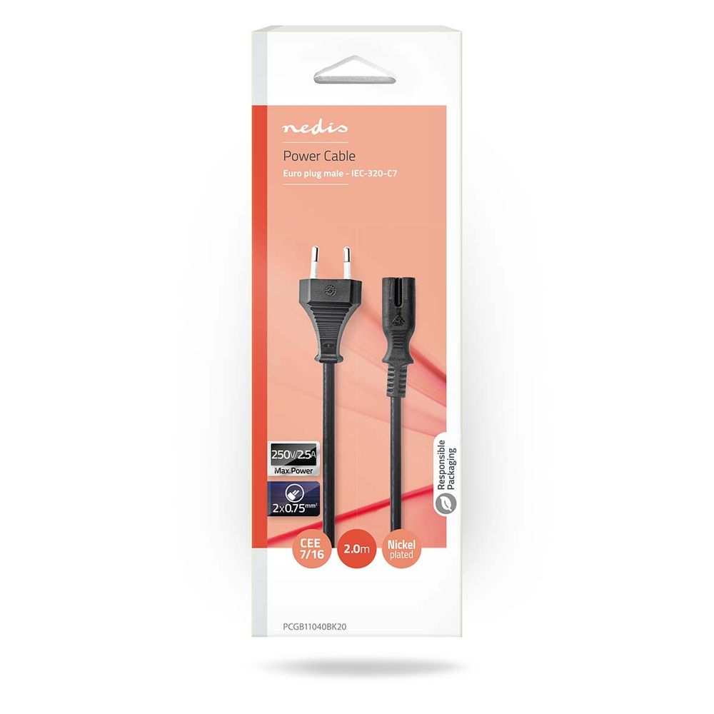 Strømkabel - Apparatkabel 230volt - 2 meter - Svart